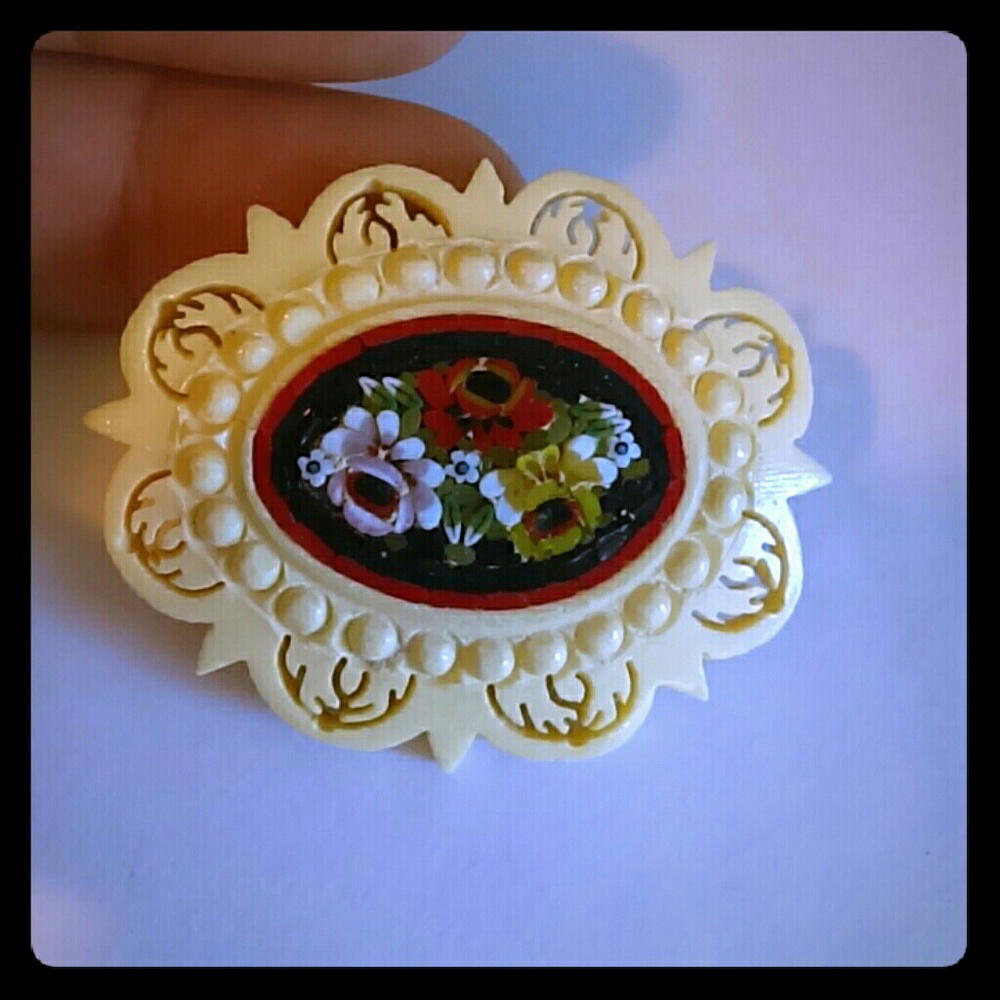 Antique Bovine Celluloid Micro Mosaic pin Brooch